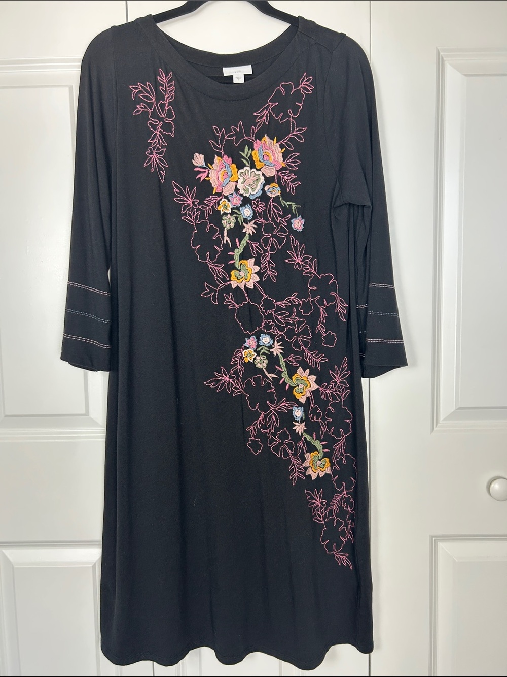 J. Jill Black Midi Dress with Pink and Yellow Floral Embroidery Size Small